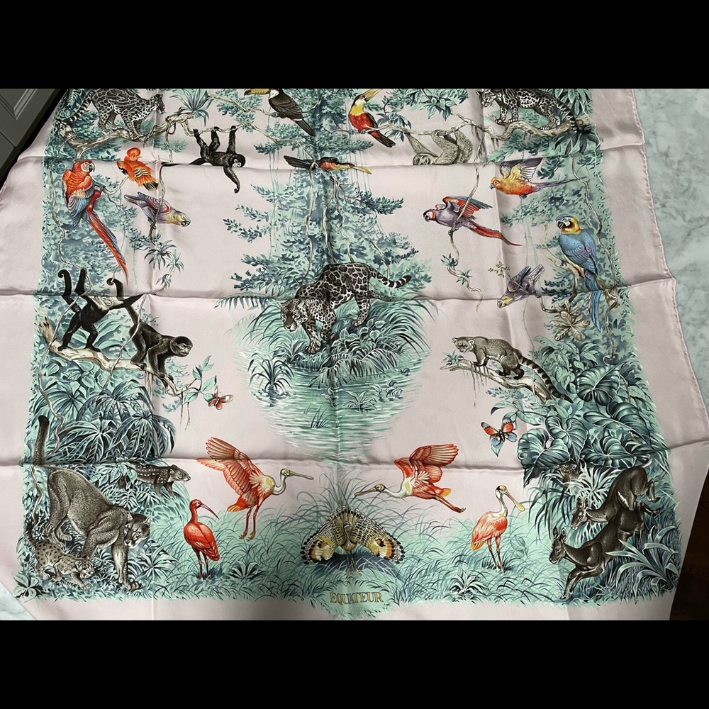 Hermes 100% silk wash scarf in Robert Dallet’s Iconic “Equateur” print